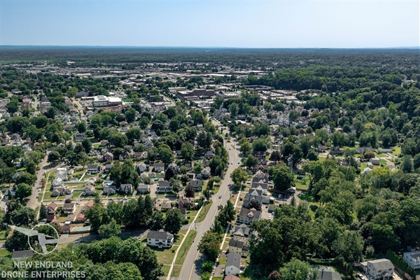 Drone image of WS with white church and library